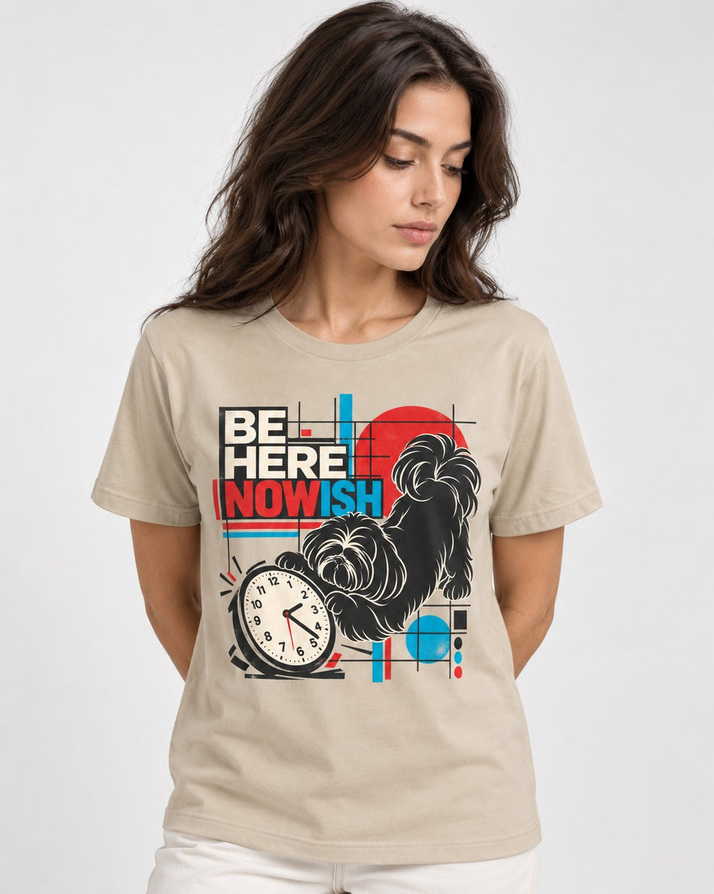 Be Here Nowish Shih Tzu T-Shirt in Sand, worn by a model