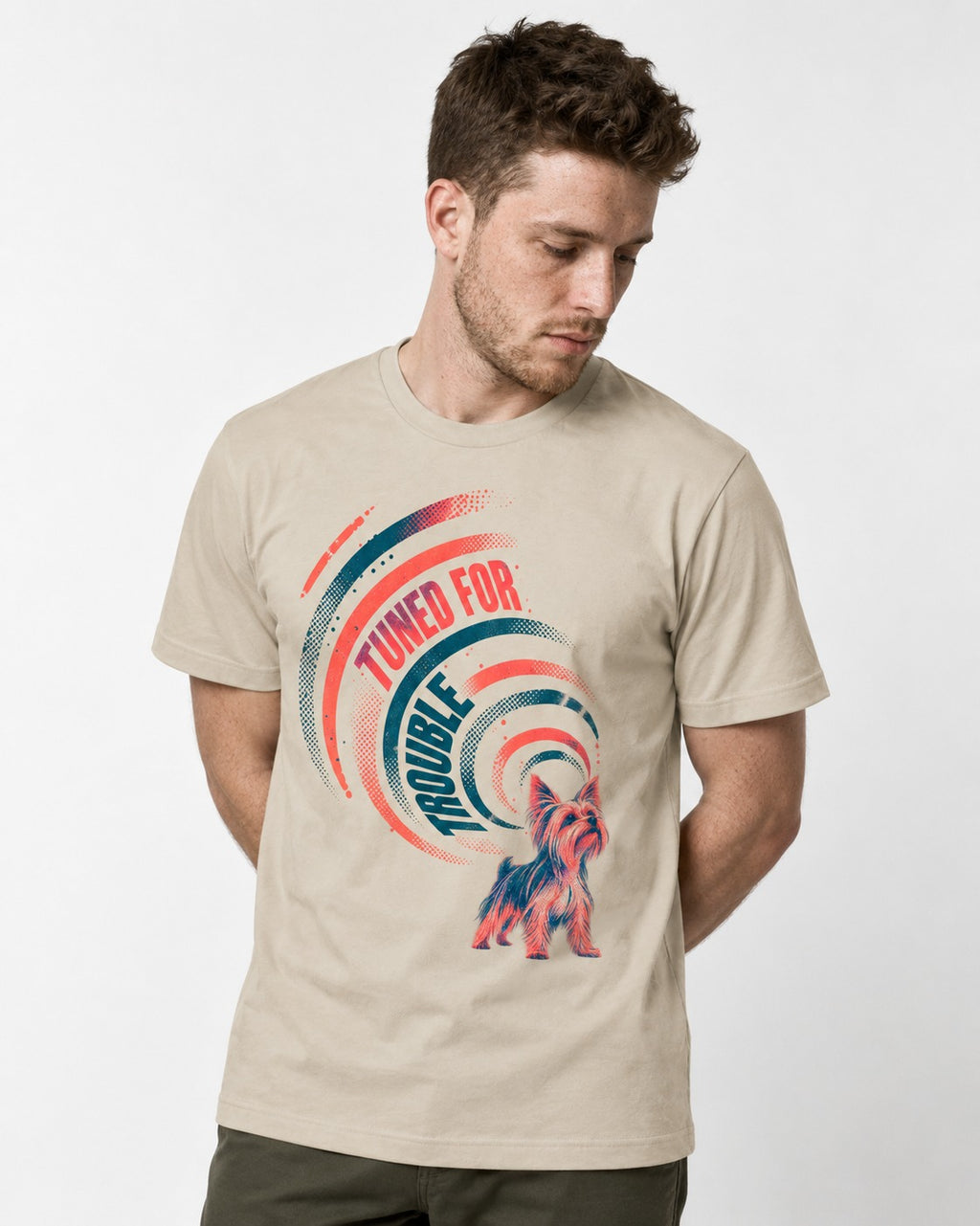 Yorkshire Terrier Tuned for Trouble T-Shirt in Sand, worn by a model