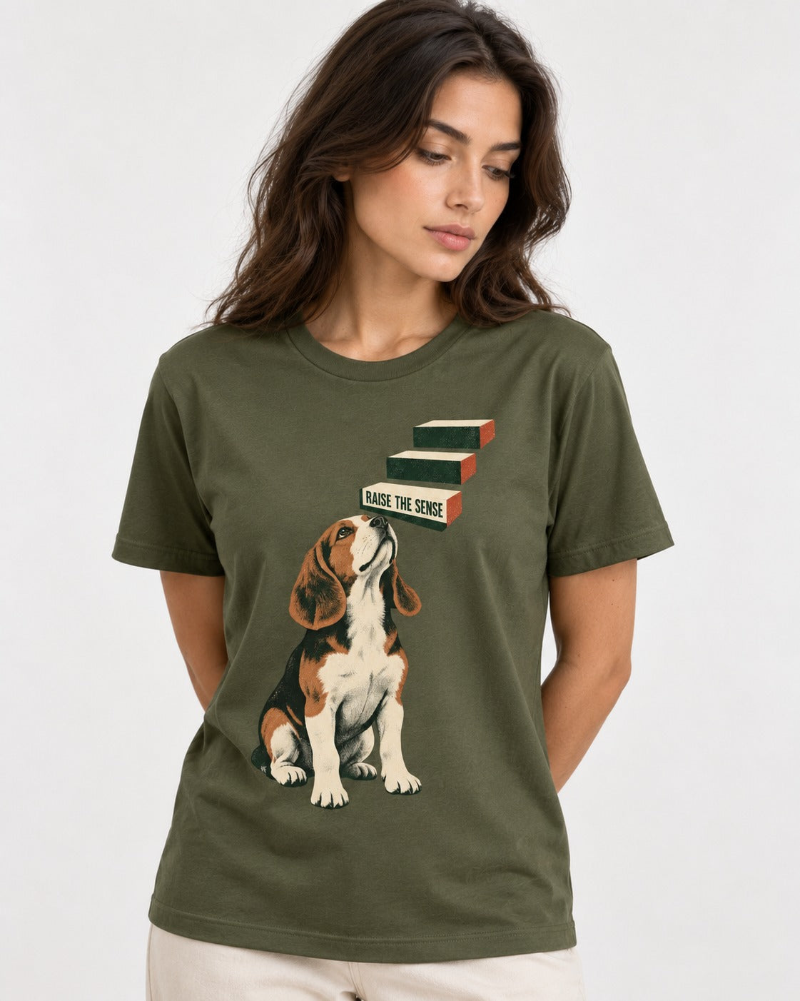 Raise The Sense Beagle Scent Hound T-Shirt in Heather Military Green, worn by a model