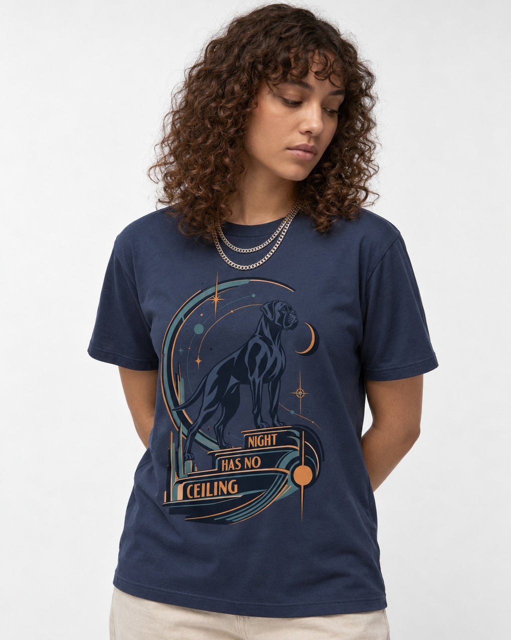 Night Has No Ceiling Boxer Cosmic Graphic T-Shirt in Navy, worn by a model