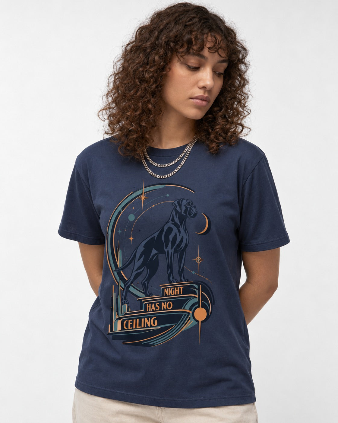 Night Has No Ceiling Boxer Cosmic Graphic T-Shirt in Navy, worn by a model
