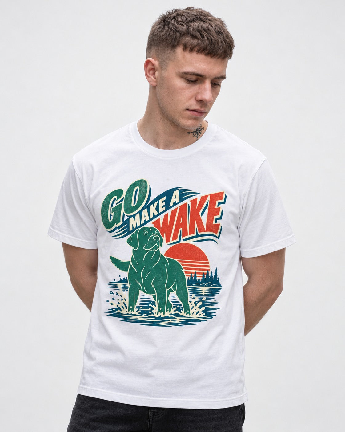 Labrador Retriever Go Make a Wake Lake Graphic T-Shirt in White, worn by a model