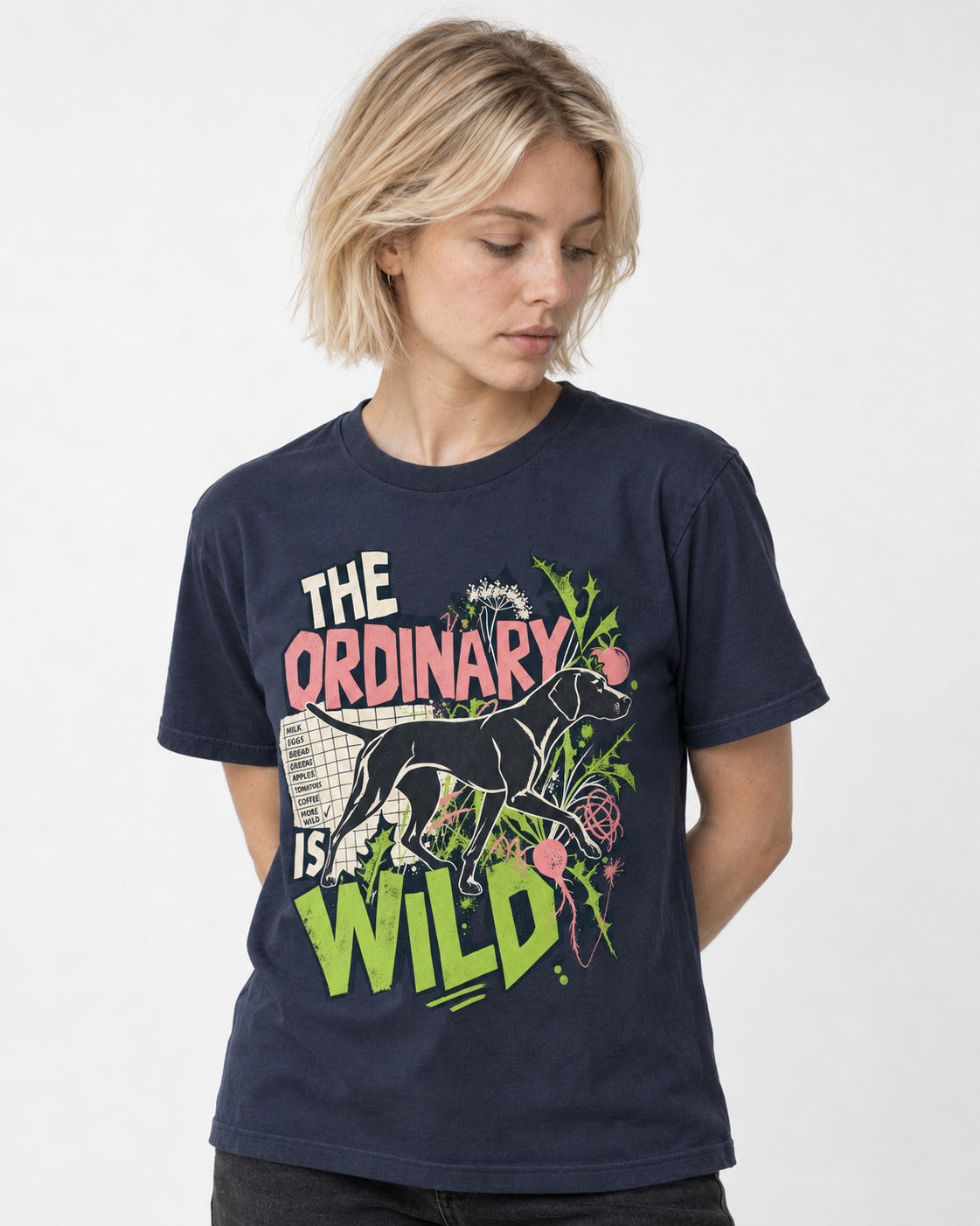 German Shorthaired Pointer The Ordinary Is Wild Grocery List Graphic T-Shirt in Navy, worn by a model