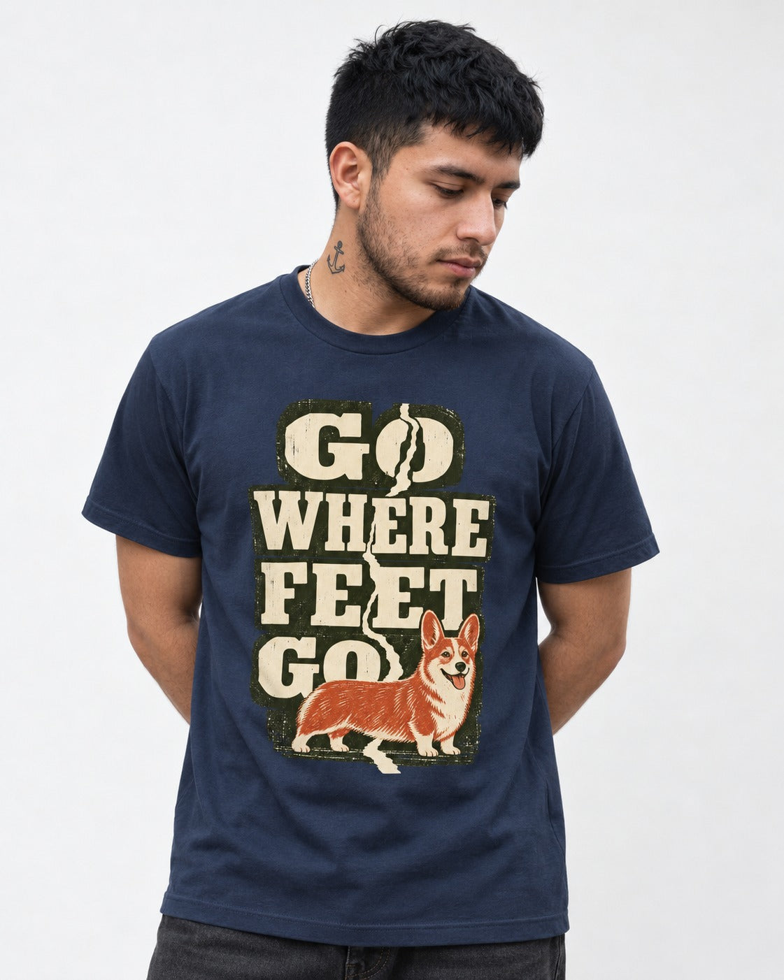 Corgi Go Where Feet Go Path T-Shirt in Navy, worn by a model