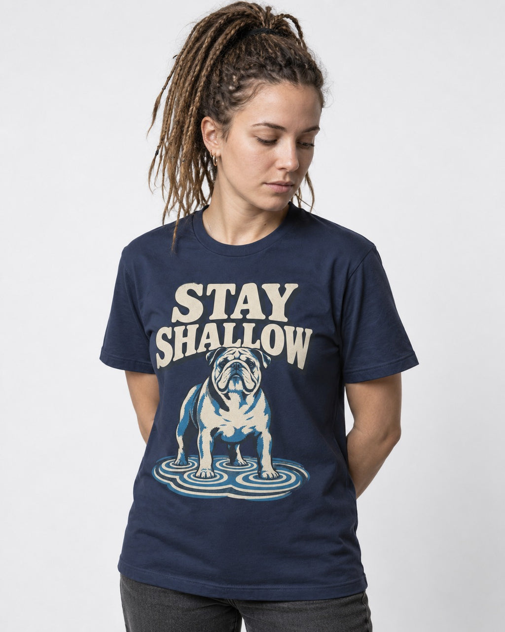 English Bulldog Stay Shallow Ripple Graphic T-Shirt in Navy, worn by a model