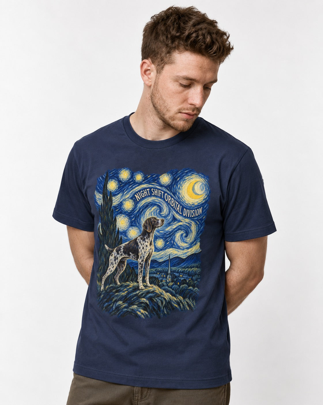 German Shorthaired Pointer Night Shift Orbital Division Starry Night Graphic T-Shirt in Navy, worn by a model