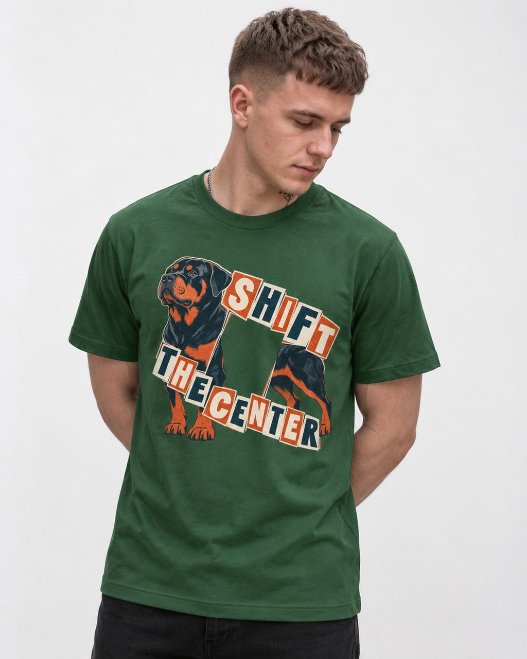 Rottweiler Shift the Center Cutout Letter Graphic T-Shirt in Forest Green, worn by a model