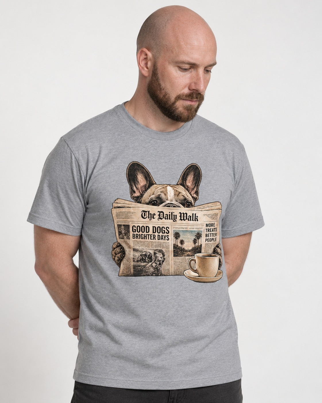 Frenchie Good Dogs Brighter Days Newspaper Graphic T-Shirt in Sport Grey, worn by a model