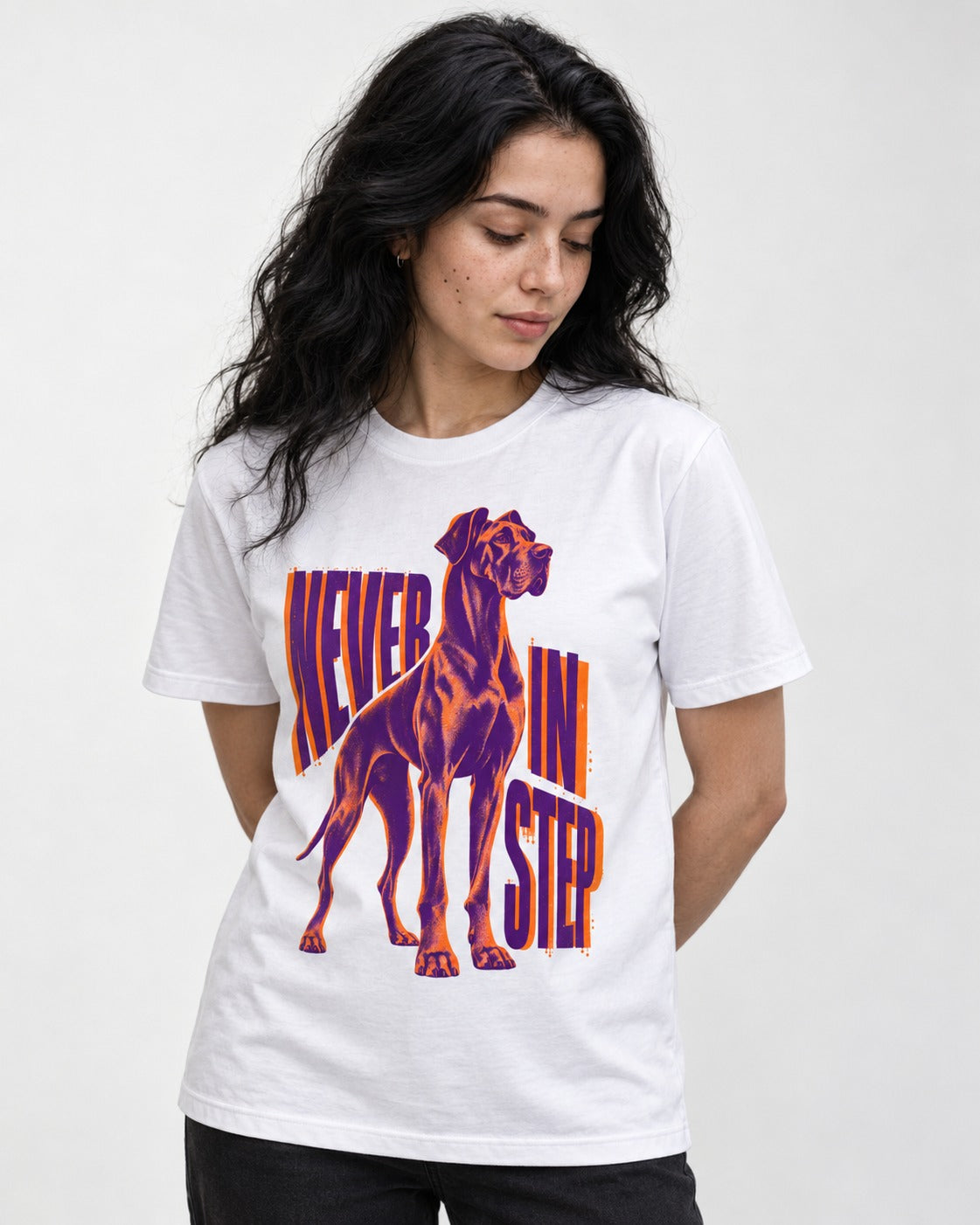 Great Dane Never in Step Standing Graphic T-Shirt in White, worn by a model