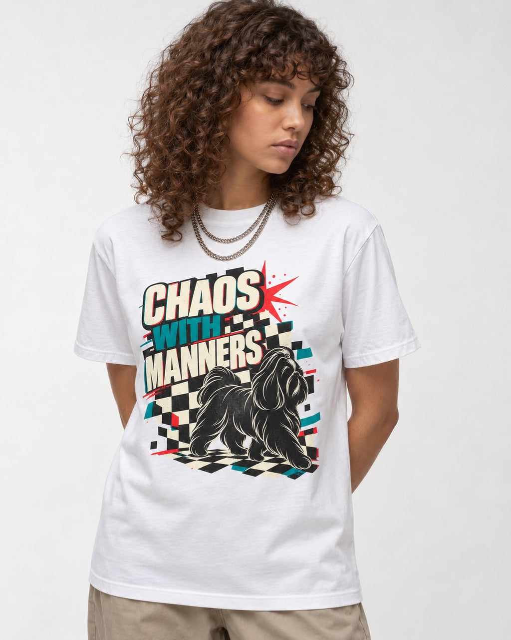 Shih Tzu Chaos with Manners Checkerboard Graphic T-Shirt in White, worn by a model