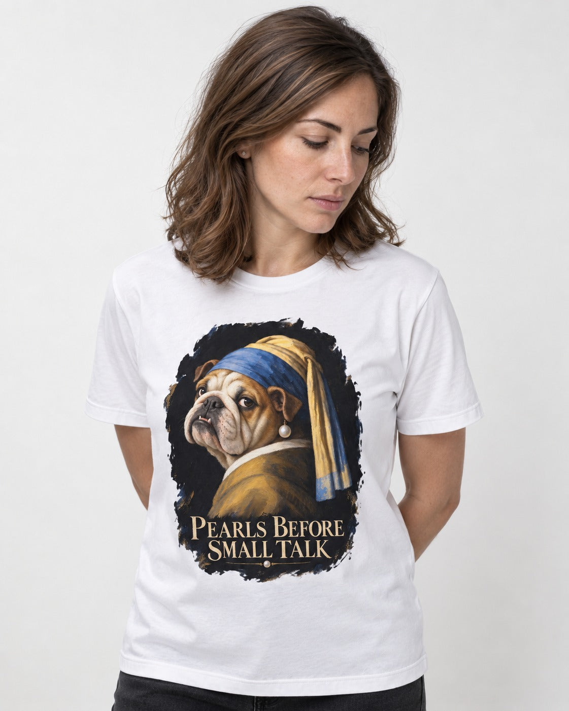 English Bulldog Pearls Before Small Talk Portrait T-Shirt in White, worn by a model