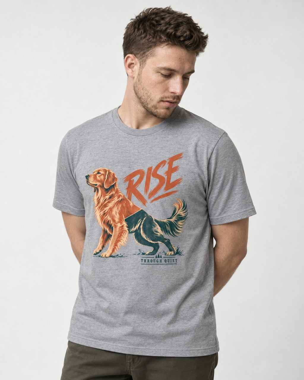 Golden Retriever Rise Through Quiet T-Shirt in Sport Grey, worn by a model