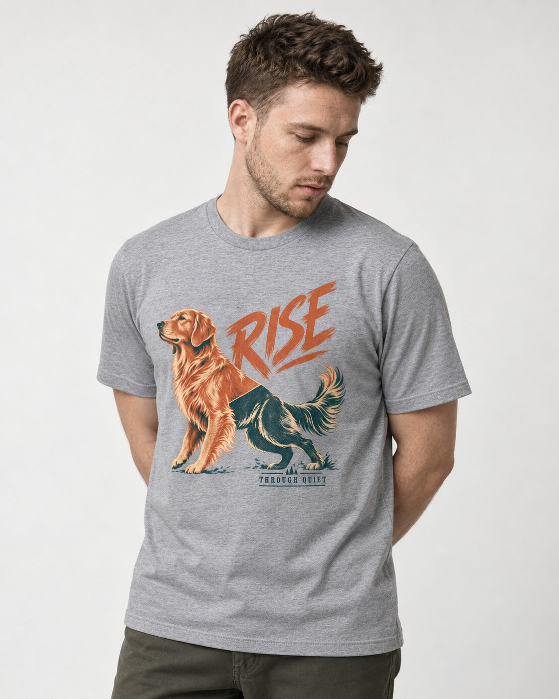 Golden Retriever Rise Through Quiet T-Shirt in Sport Grey, worn by a model