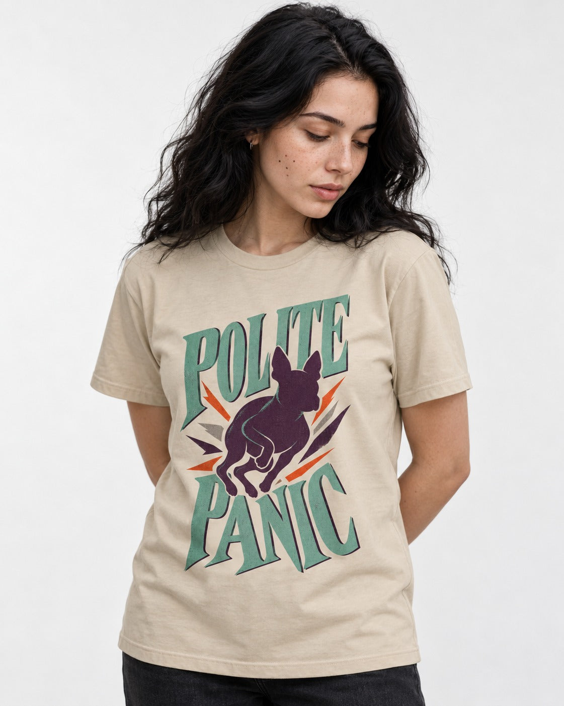 Polite Panic Boston Terrier T-Shirt in Sand, worn by a model