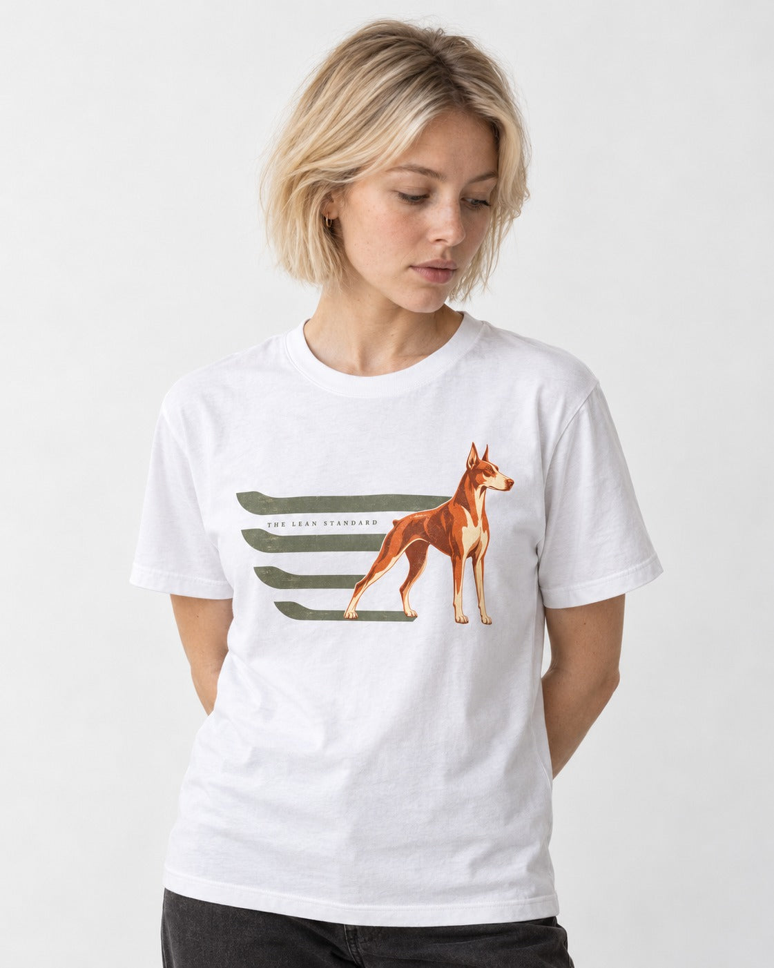 Doberman The Lean Standard Speed Bars Graphic T-Shirt in White, worn by a model