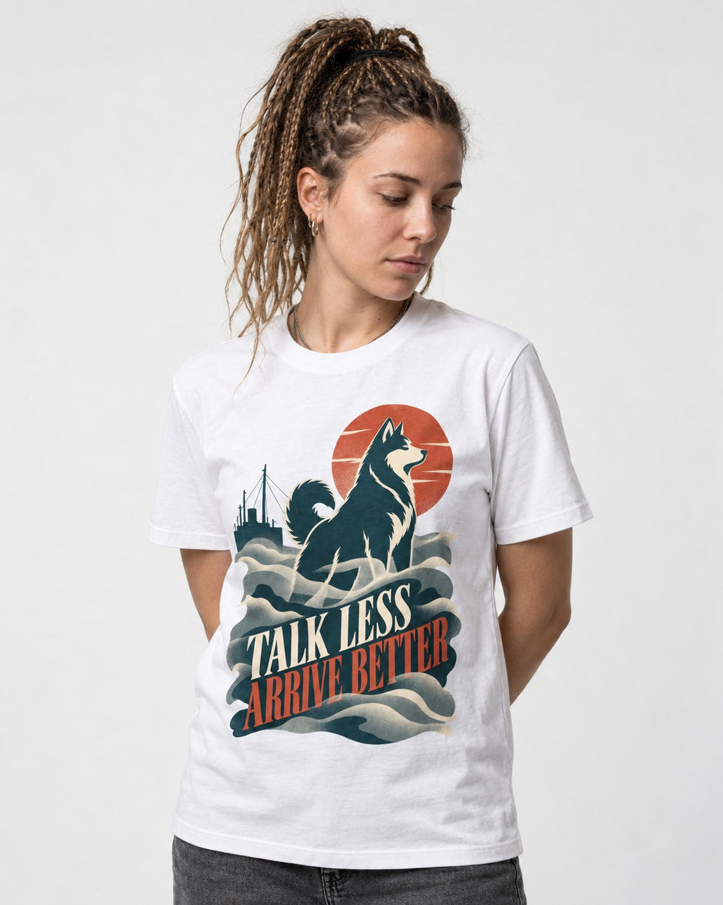 Husky Talk Less Arrive Better Harbor Wave Graphic T-Shirt in White, worn by a model