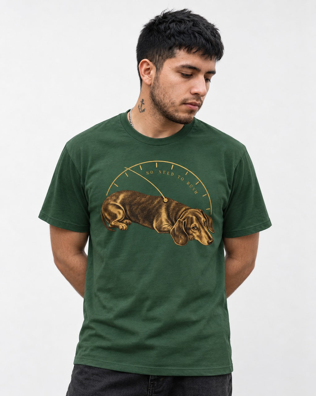 Dachshund No Need To Rush Gauge Graphic T-Shirt in Forest Green, worn by a model