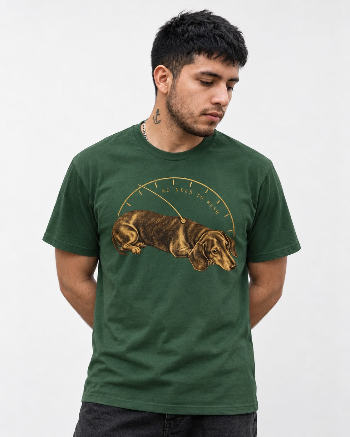 Dachshund No Need To Rush Gauge Graphic T-Shirt in Forest Green, worn by a model