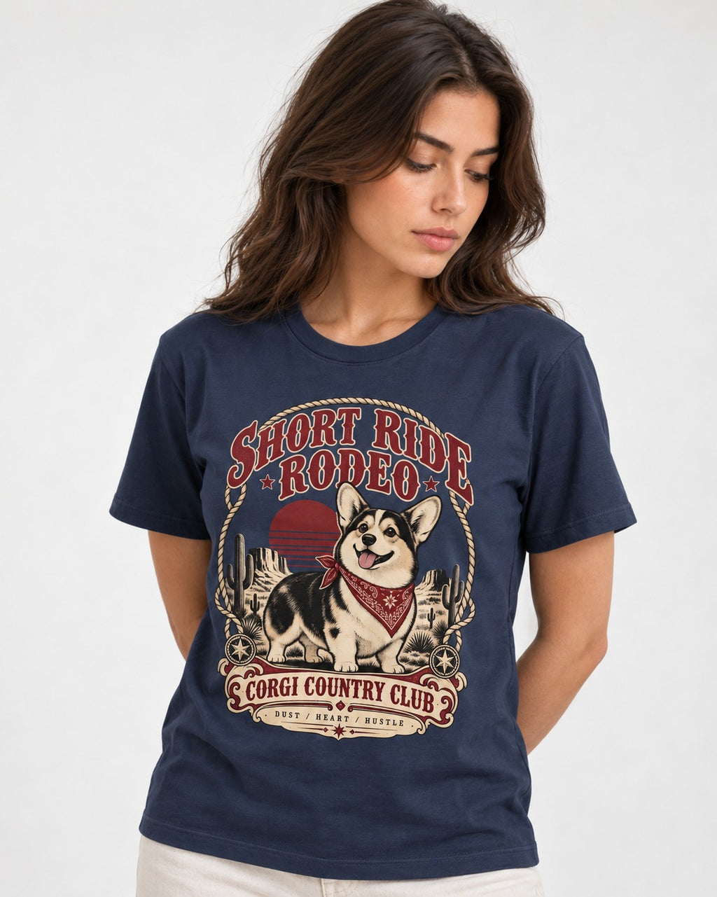 Corgi Short Ride Rodeo Country Club Badge T-Shirt in Navy, worn by a model