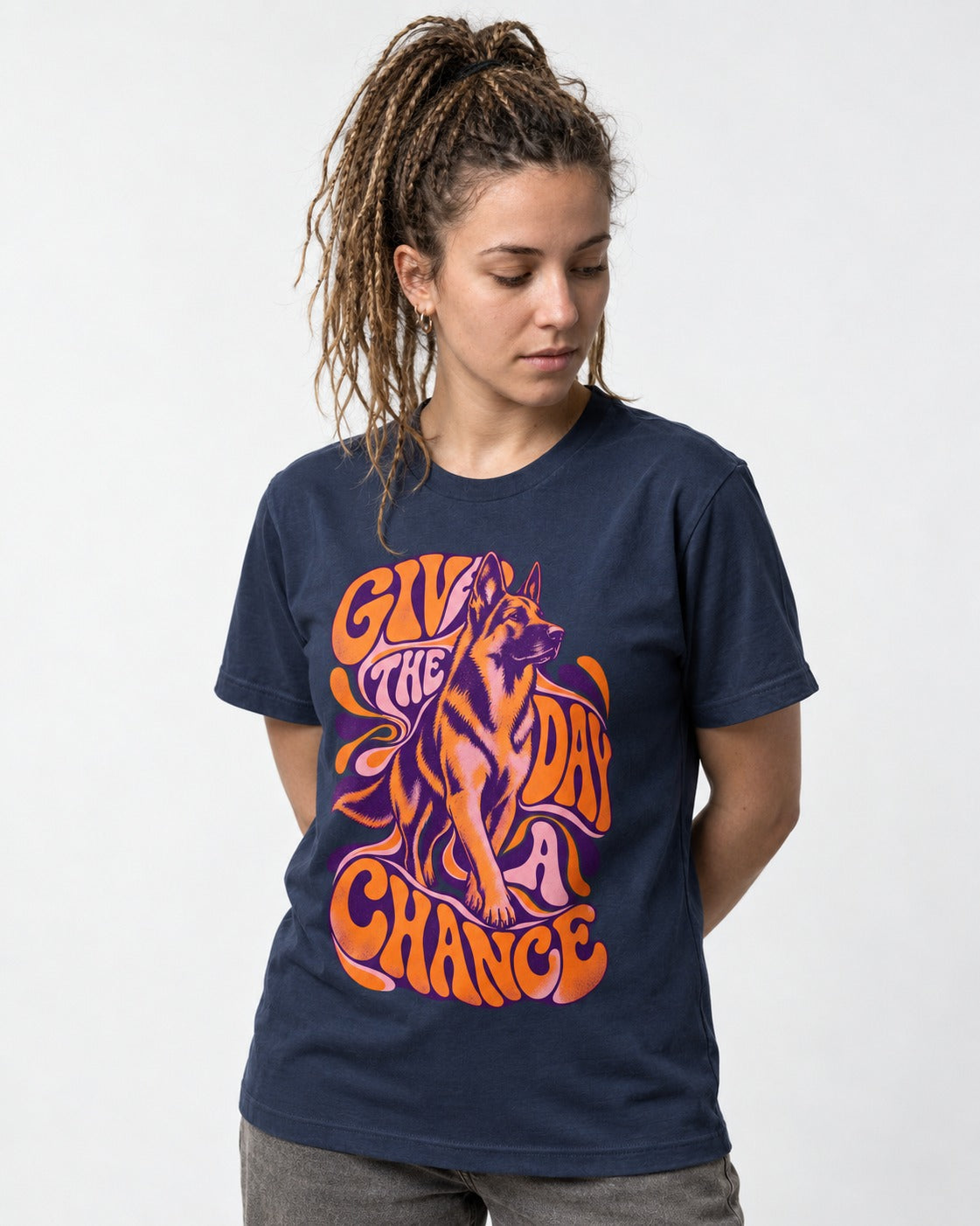 Give The Day A Chance Psychedelic German Shepherd Dog Graphic T-Shirt in Navy, worn by a model