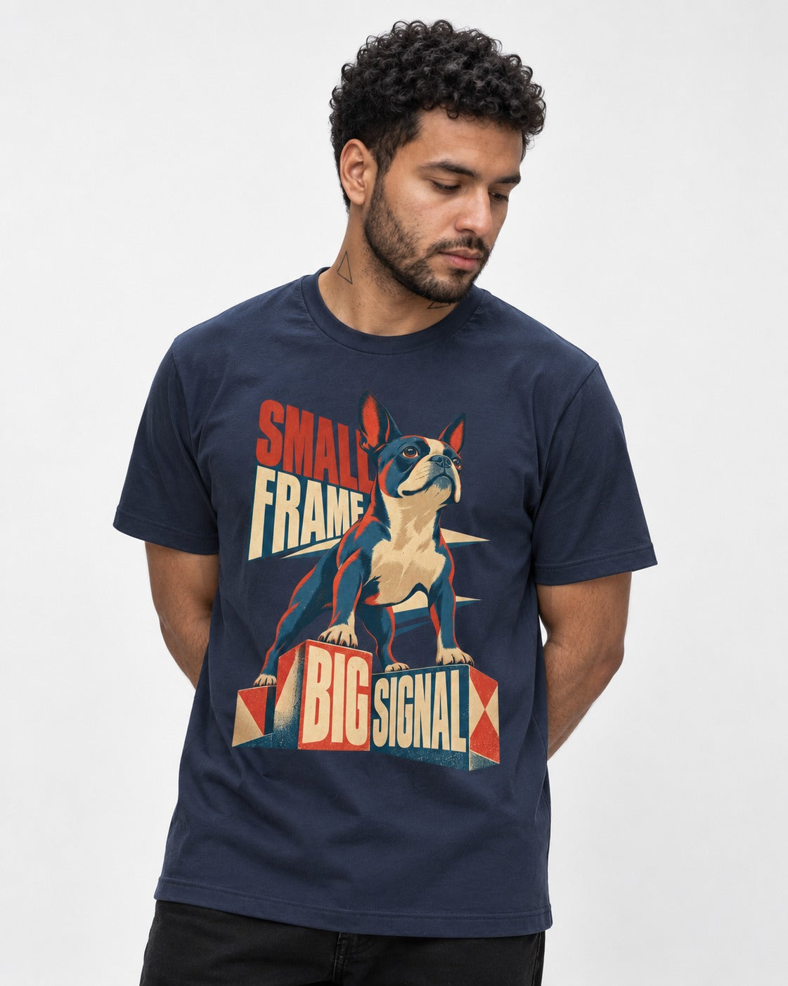 Small Frame Big Signal Boston Terrier T-Shirt in Navy, worn by a model