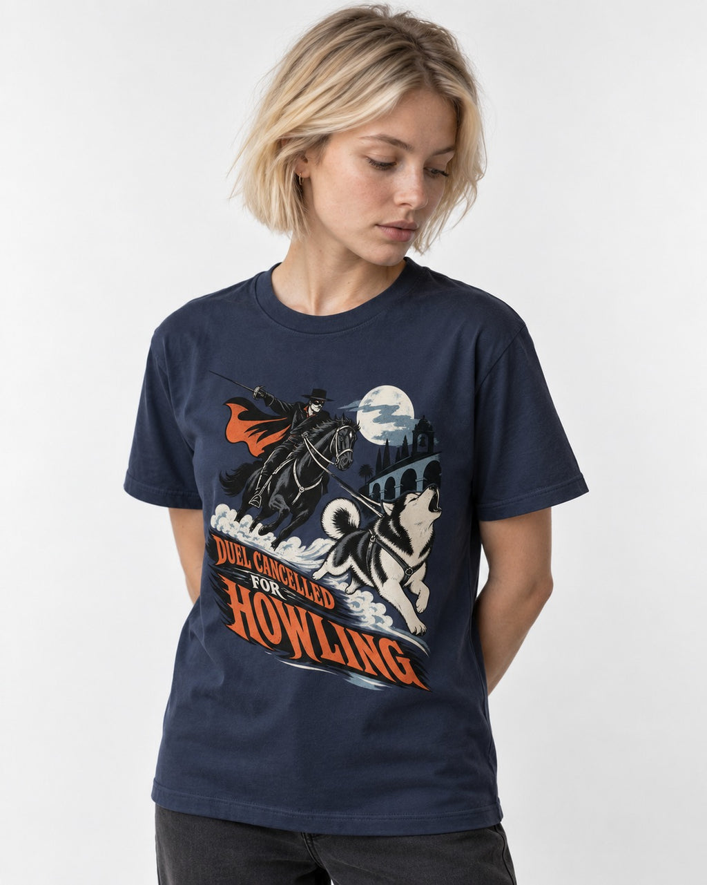 Husky Duel Cancelled for Howling Masked Rider Graphic T-Shirt in Navy, worn by a model