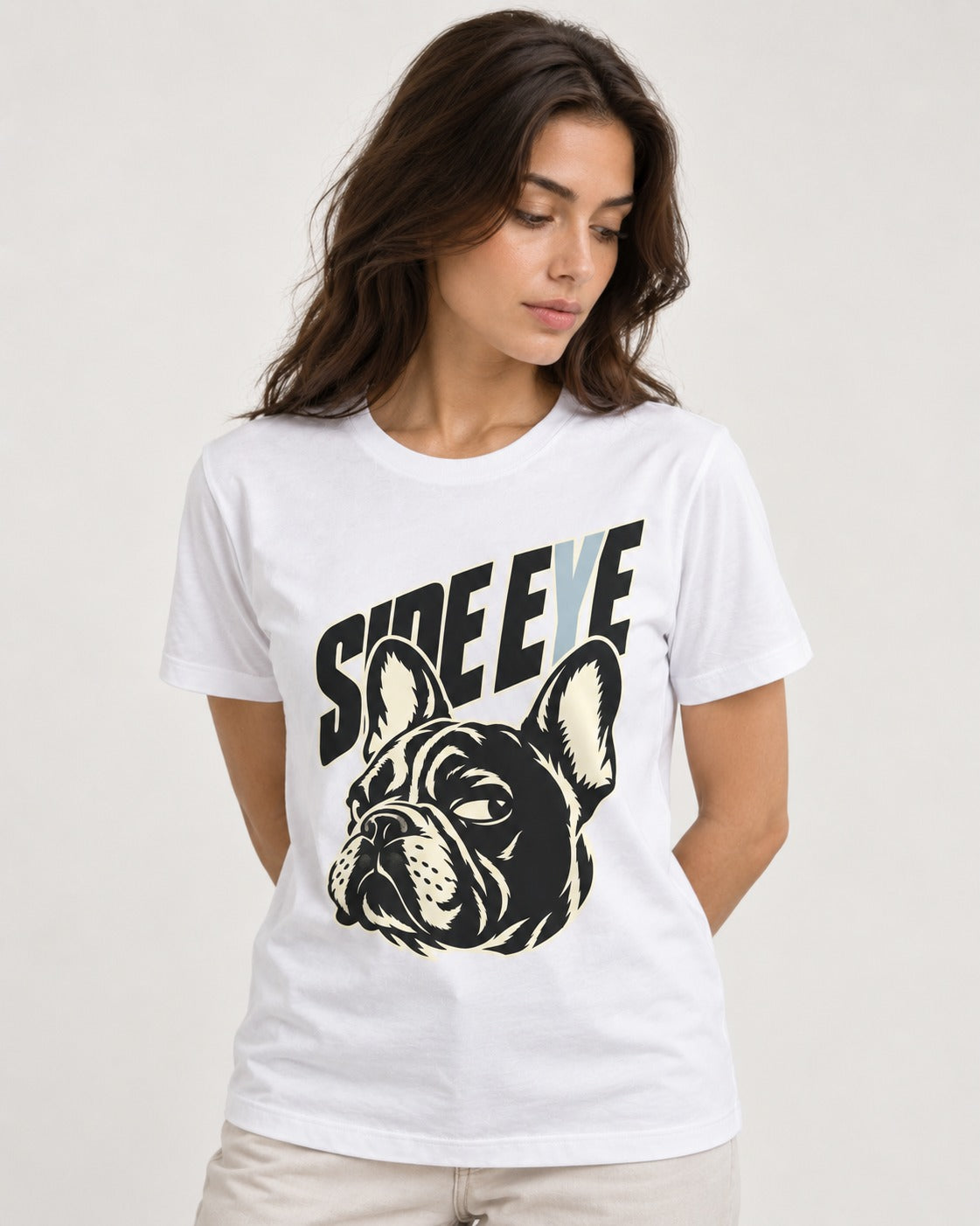 Frenchie Side Eye Portrait Graphic T-Shirt in White, worn by a model