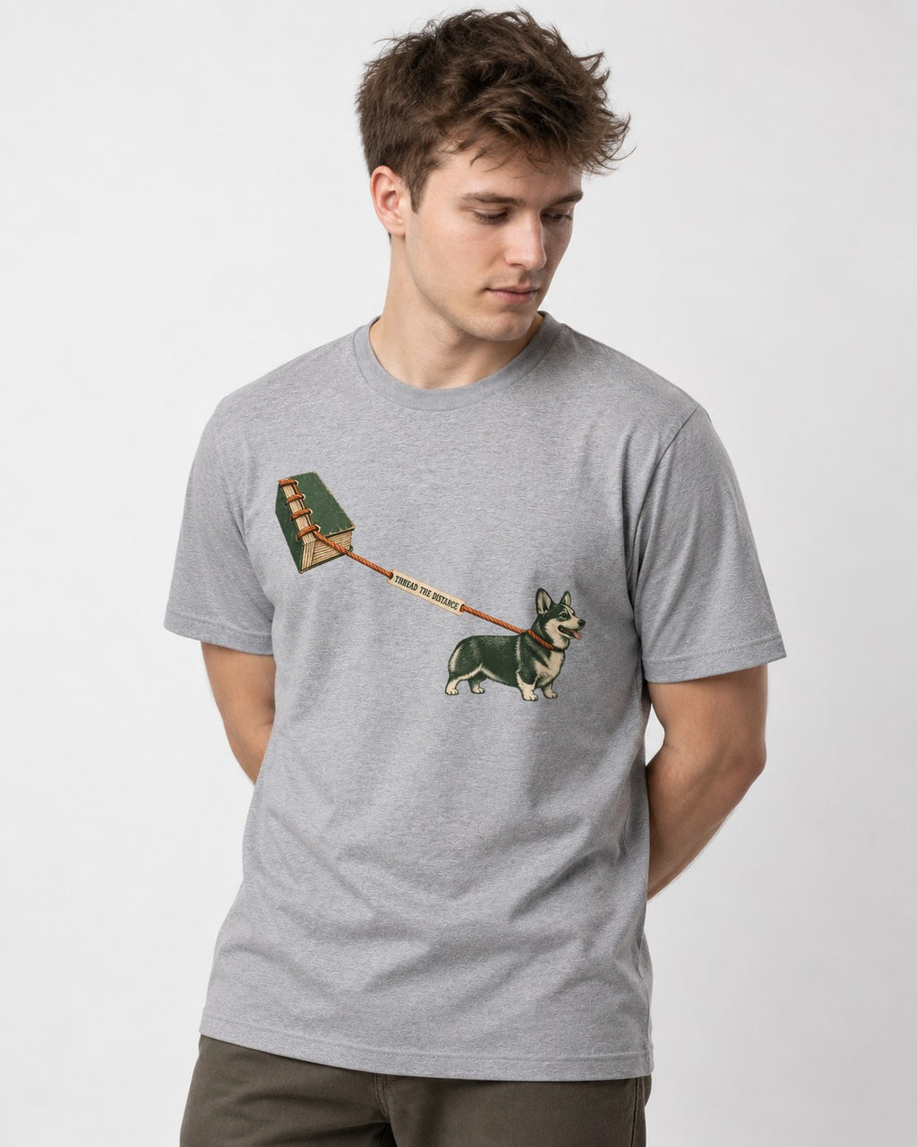 Thread the Distance with Corgi T-Shirt in Sport Grey, worn by a model