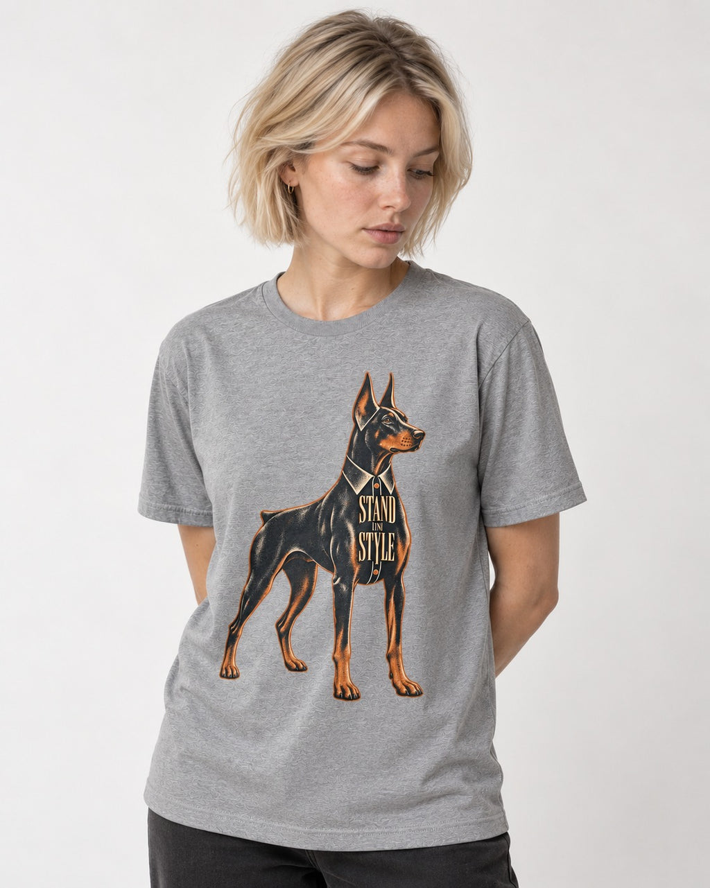 Doberman Stand in Style Suit Graphic T-Shirt in Sport Grey, worn by a model