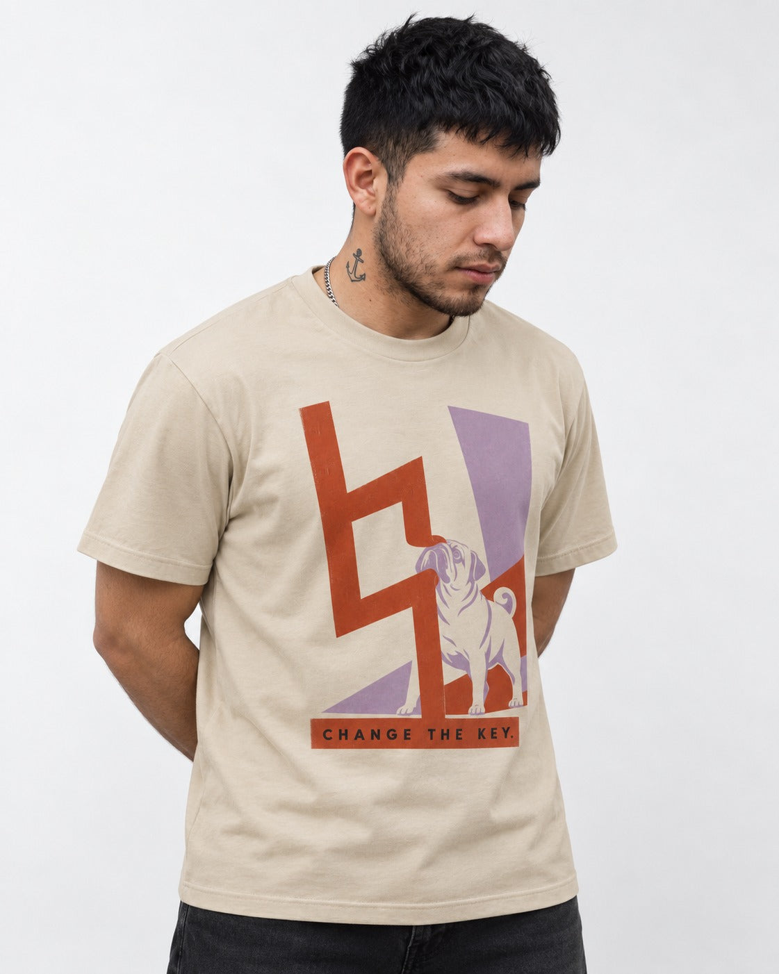 Pug Change the Key T-Shirt in Sand, worn by a model