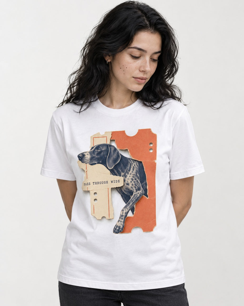 German Shorthaired Pointer Pass Through Wide Ticket Graphic T-Shirt in White, worn by a model