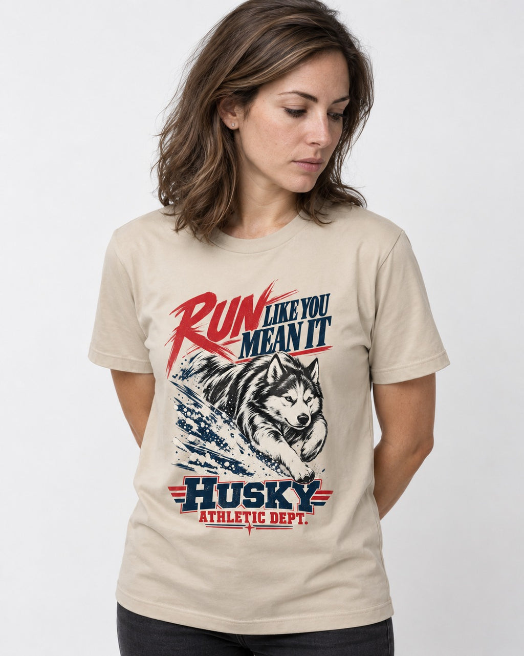 Husky Run with Purpose T-Shirt in Sand, worn by a model
