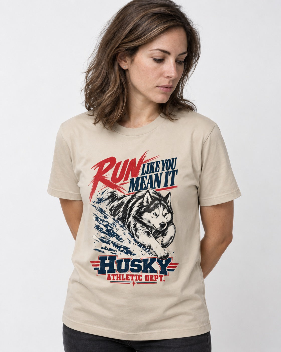 Husky Run with Purpose T-Shirt in Sand, worn by a model