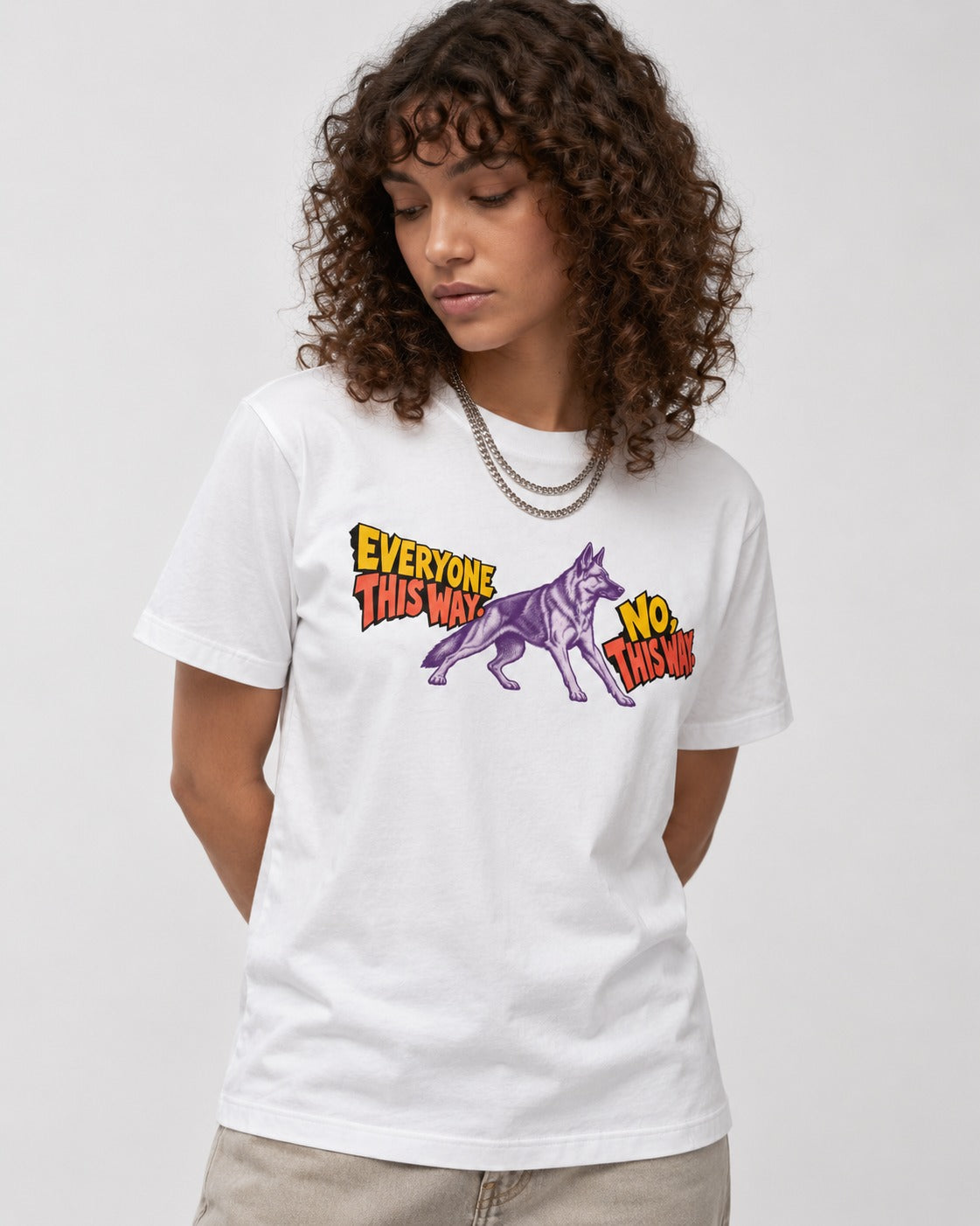 German Shepherd Dog Everyone This Way No This Way Direction Graphic T-Shirt in White, worn by a model