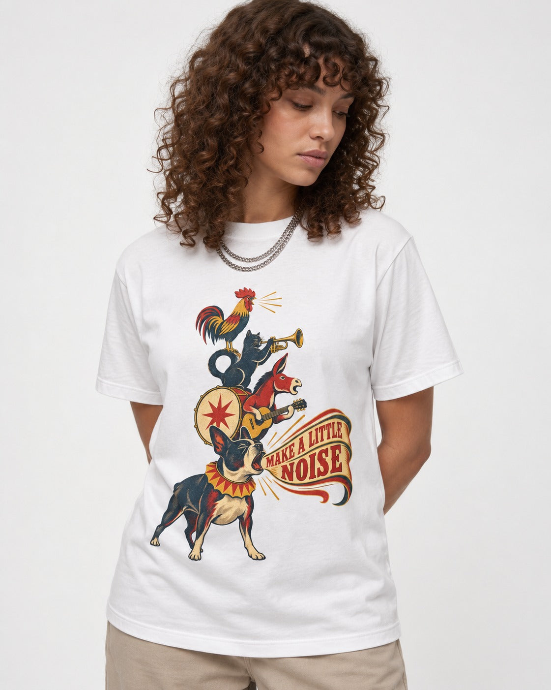Boston Terrier Make A Little Noise T-Shirt in White, worn by a model