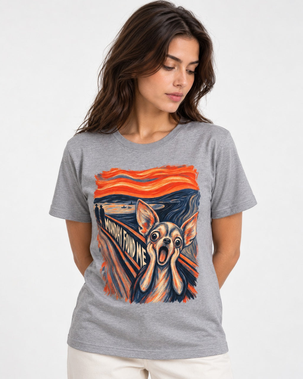 Monday Found Me Chihuahua Scream Path T-Shirt in Sport Grey, worn by a model