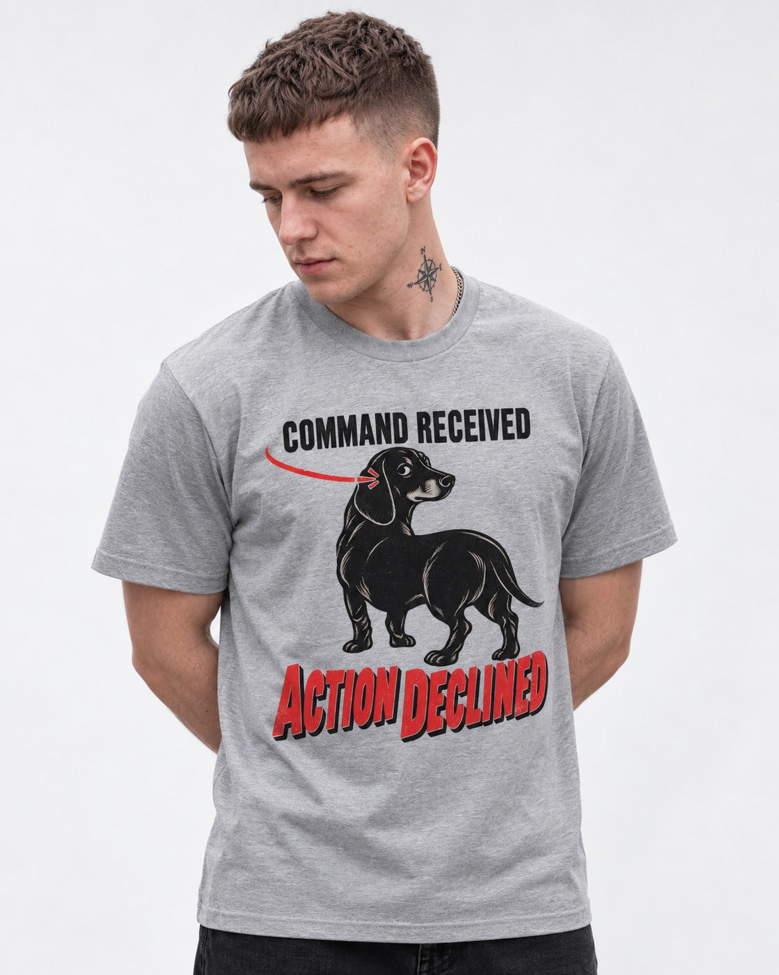 Dachshund Action Declined T-Shirt in Sport Grey, worn by a model