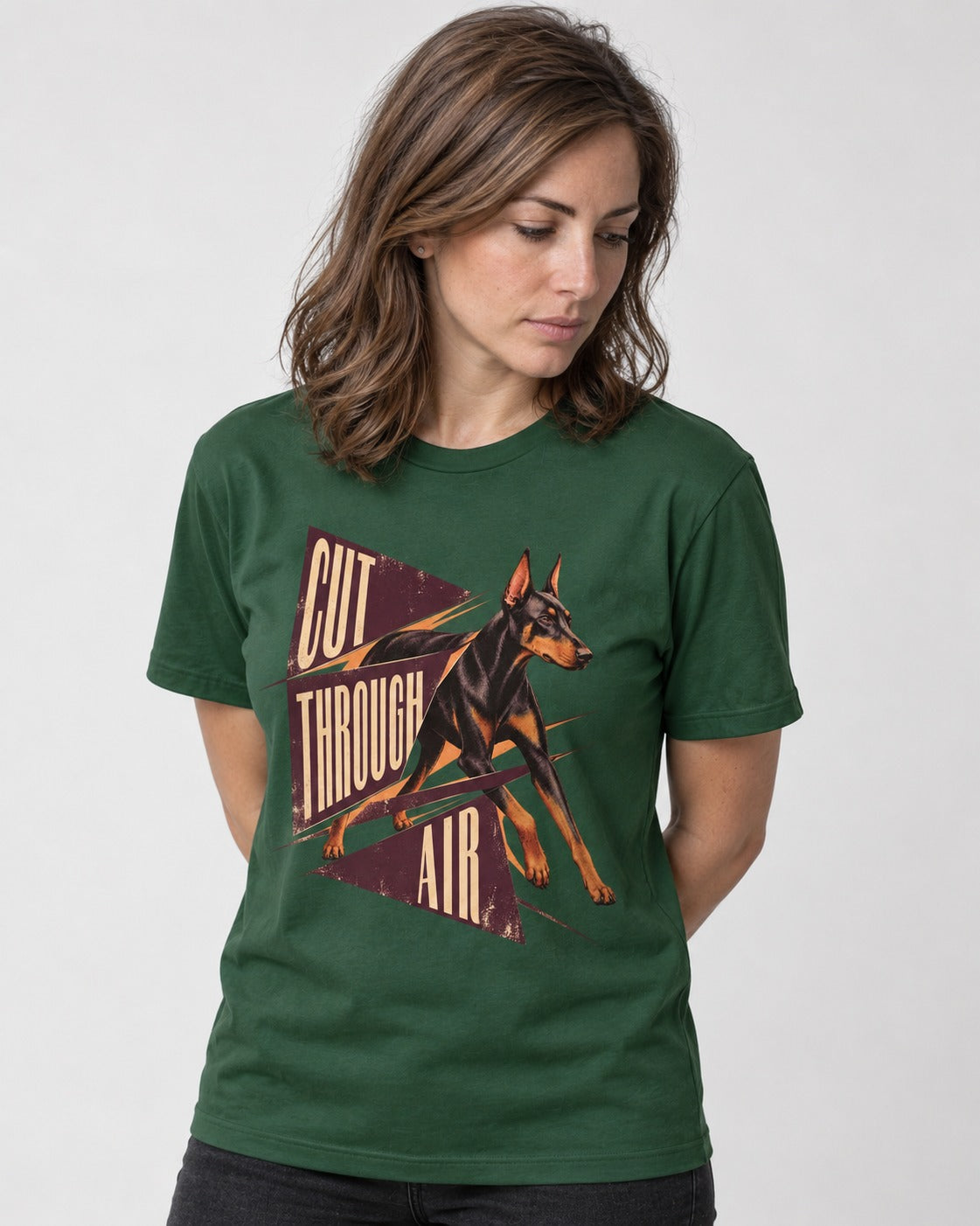 Doberman Cut Through Air Graphic T-Shirt in Forest Green, worn by a model