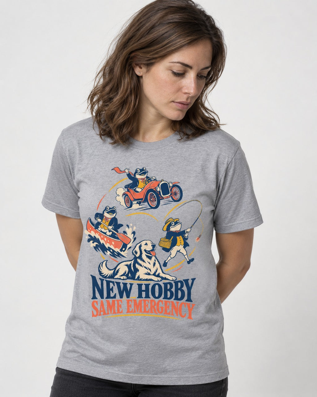 Golden Retriever New Hobby Same Emergency T-Shirt in Sport Grey, worn by a model