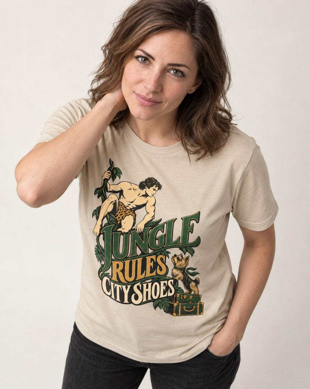 Jungle Rules City Shoes Yorkshire Terrier T-Shirt in Sand, worn by a model