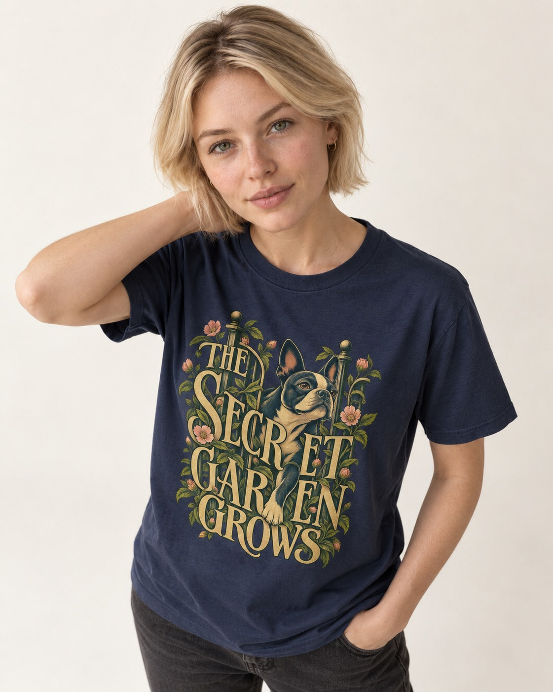 The Secret Garden Grows Boston Terrier T-Shirt in Navy, worn by a model