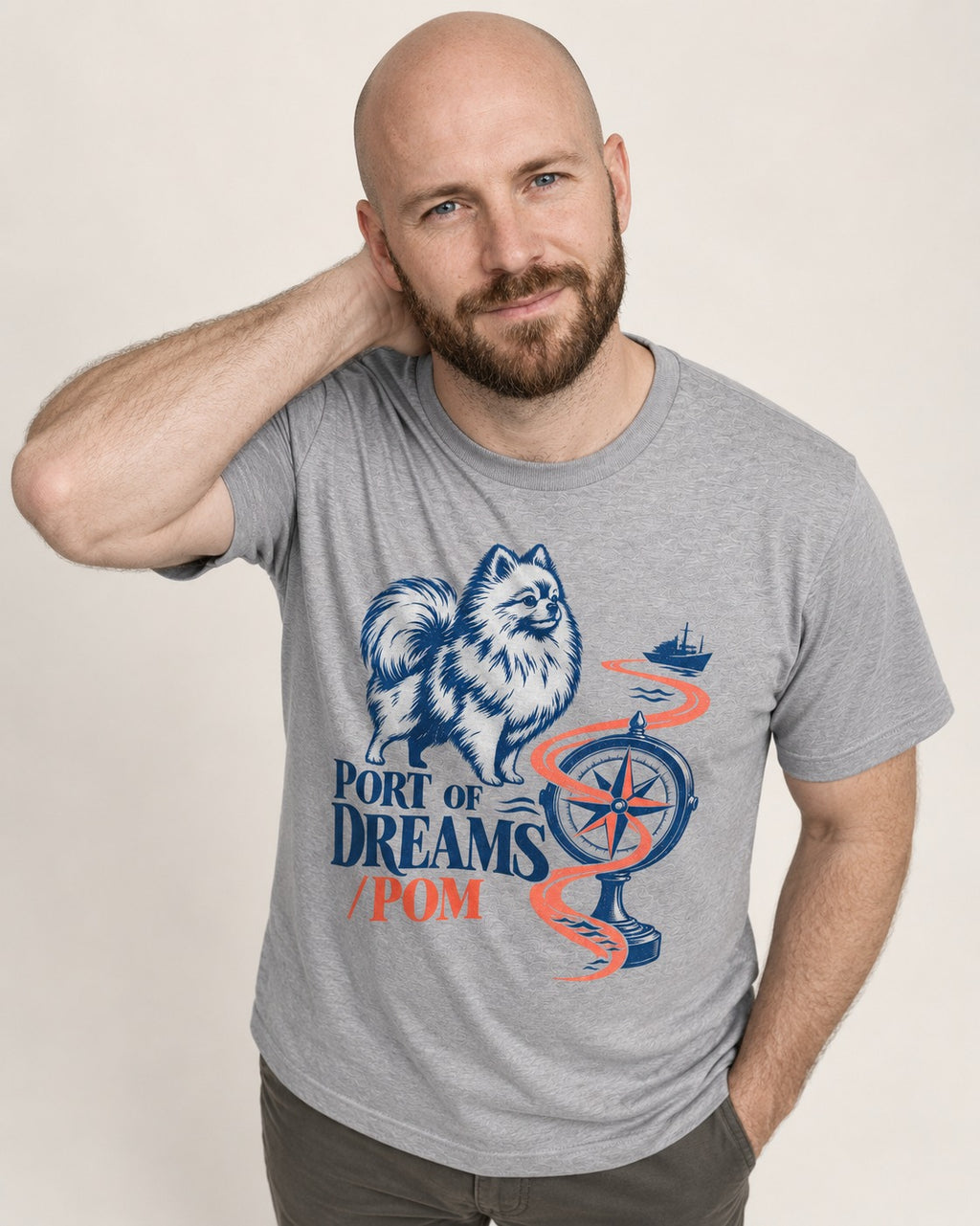 Pomeranian Port of Dreams T-Shirt in Sport Grey, worn by a model