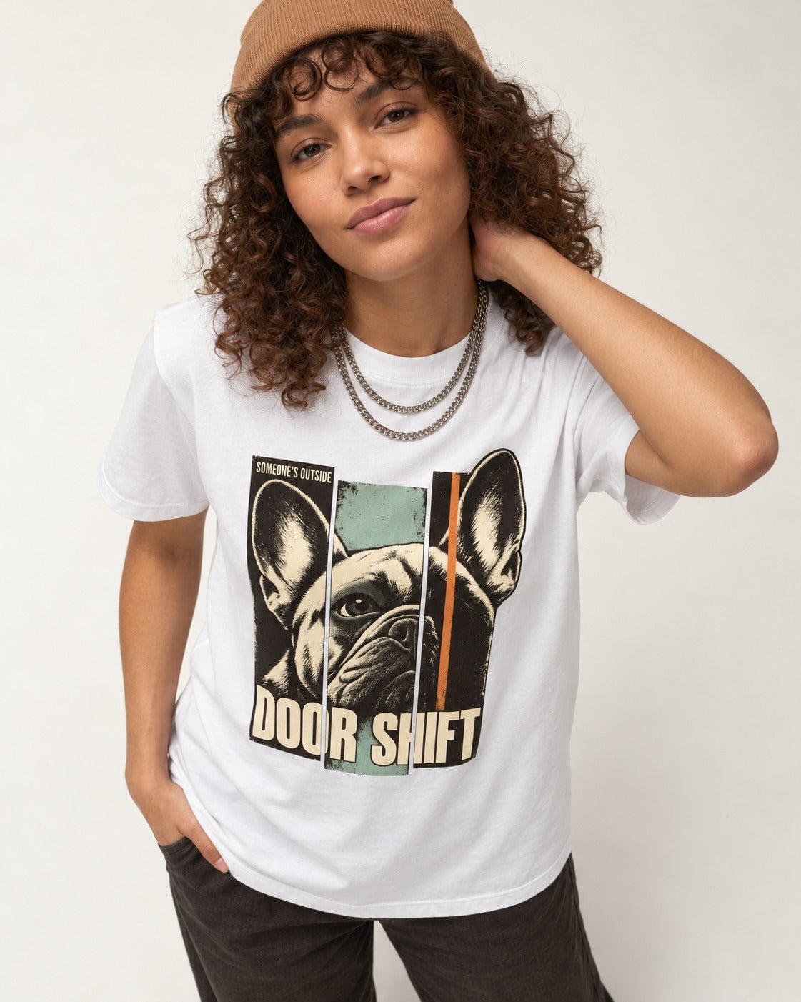 Frenchie Someone's Outside Door Shift Graphic T-Shirt in White, worn by a model