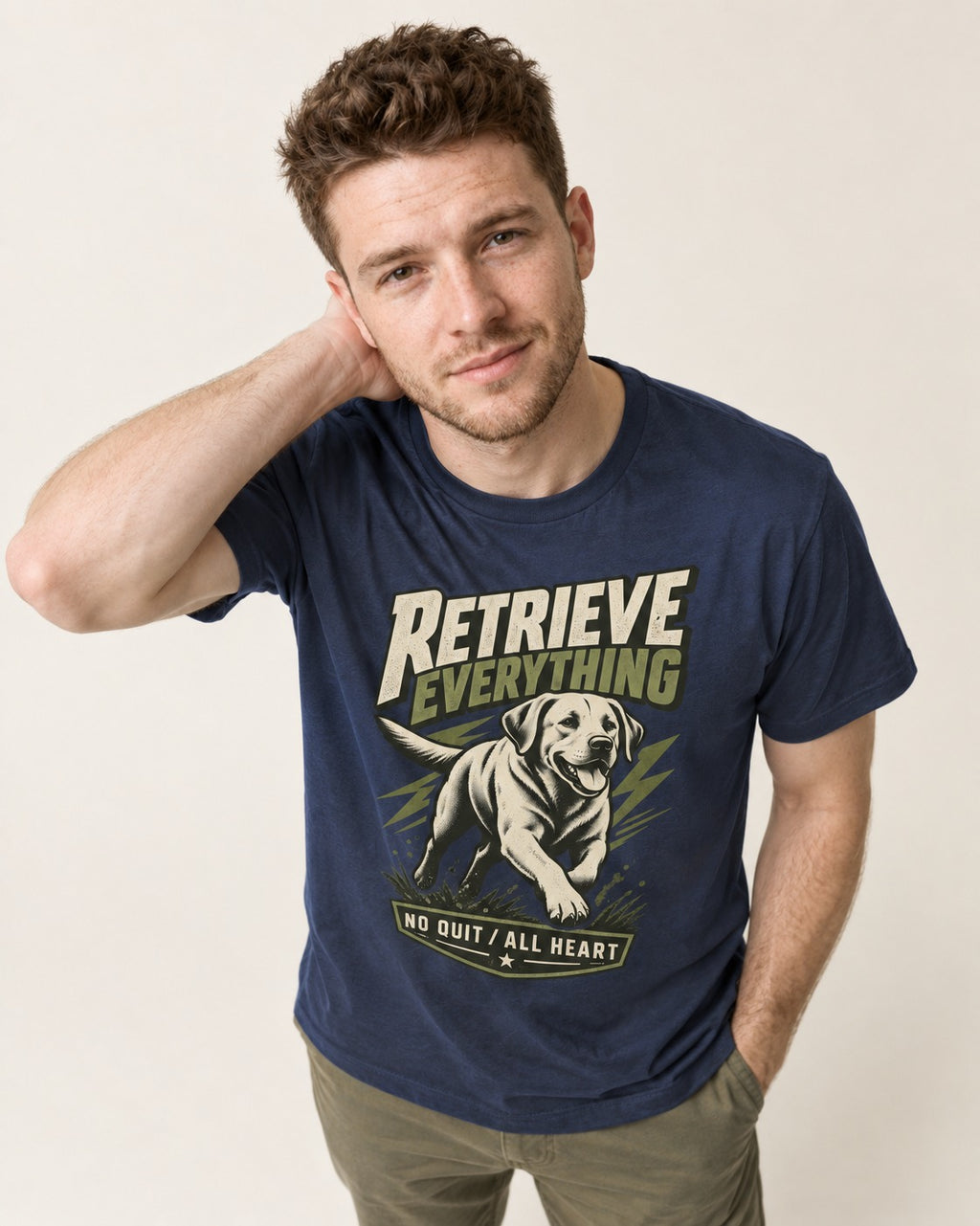Labrador Retriever Retrieve Everything No Quit All Heart Running Graphic T-Shirt in Navy, worn by a model