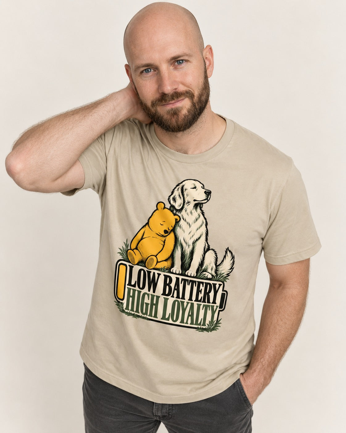 Golden Retriever Low Battery High Loyalty T-Shirt in Sand, worn by a model