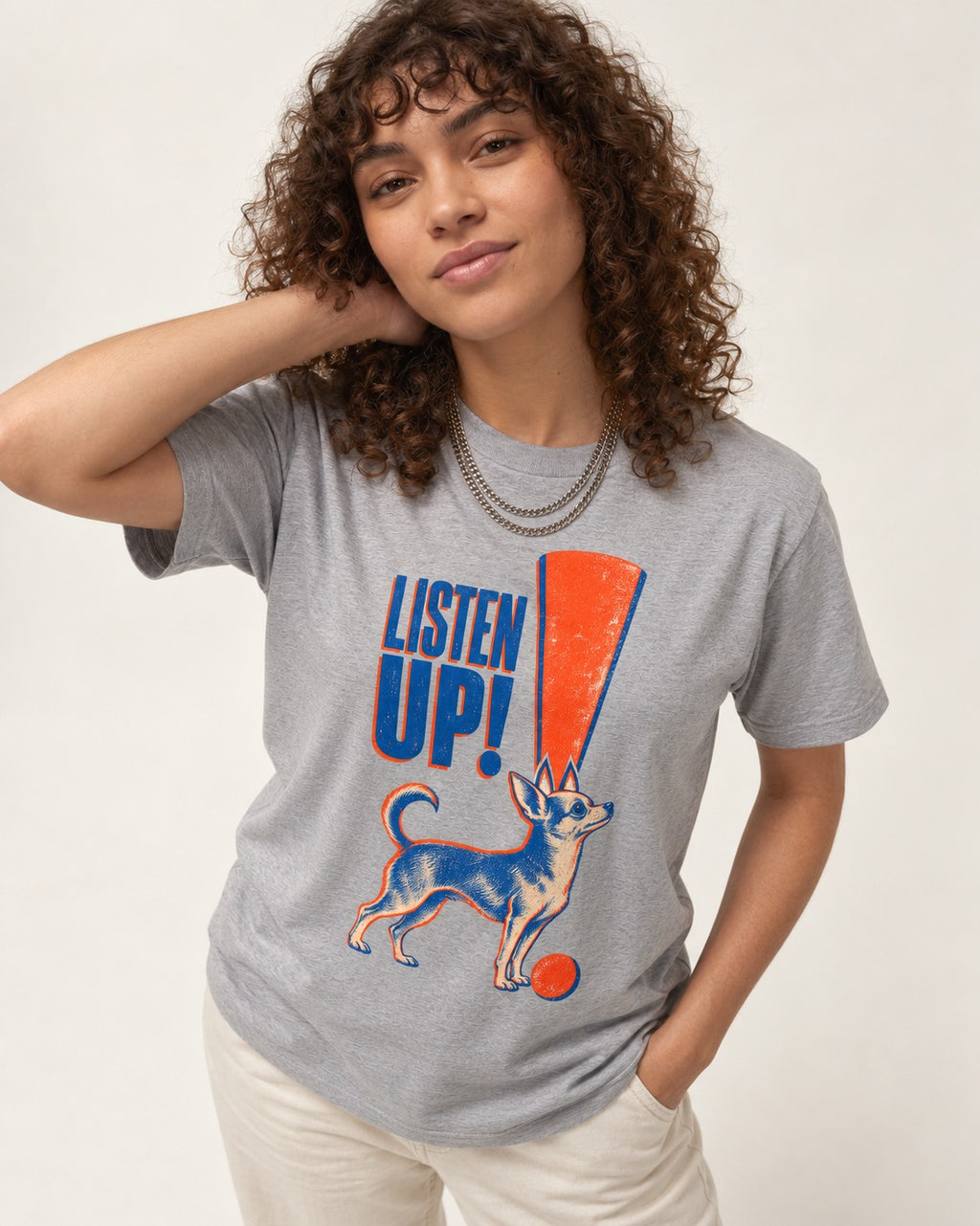 Listen Up Chihuahua T-Shirt in Sport Grey, worn by a model
