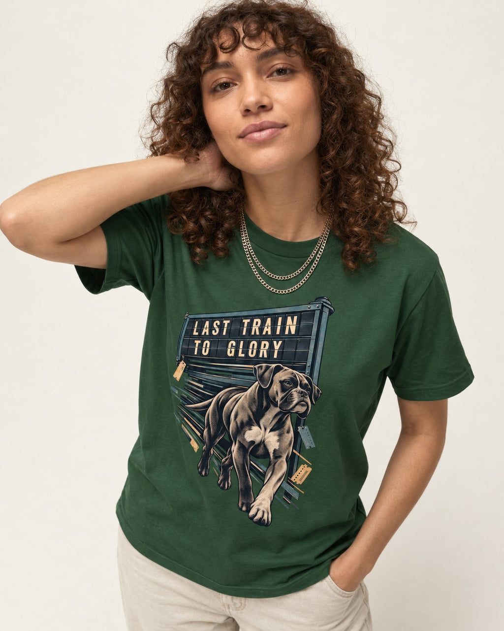 Last Train to Glory Boxer T-Shirt in Forest Green, worn by a model