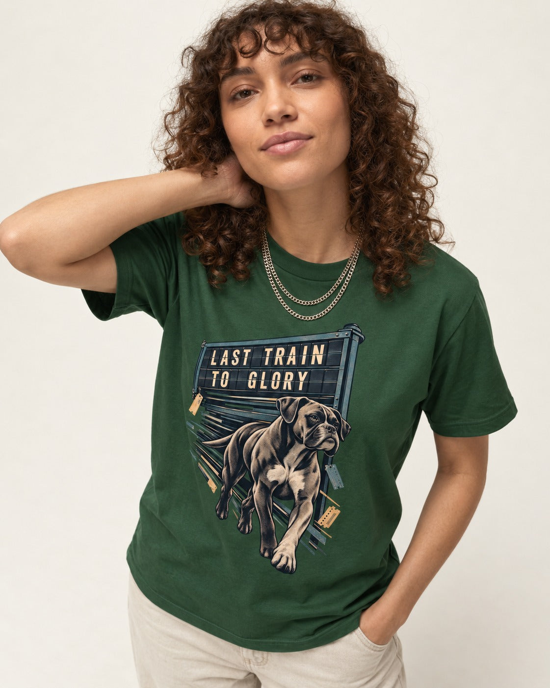 Last Train to Glory Boxer T-Shirt in Forest Green, worn by a model