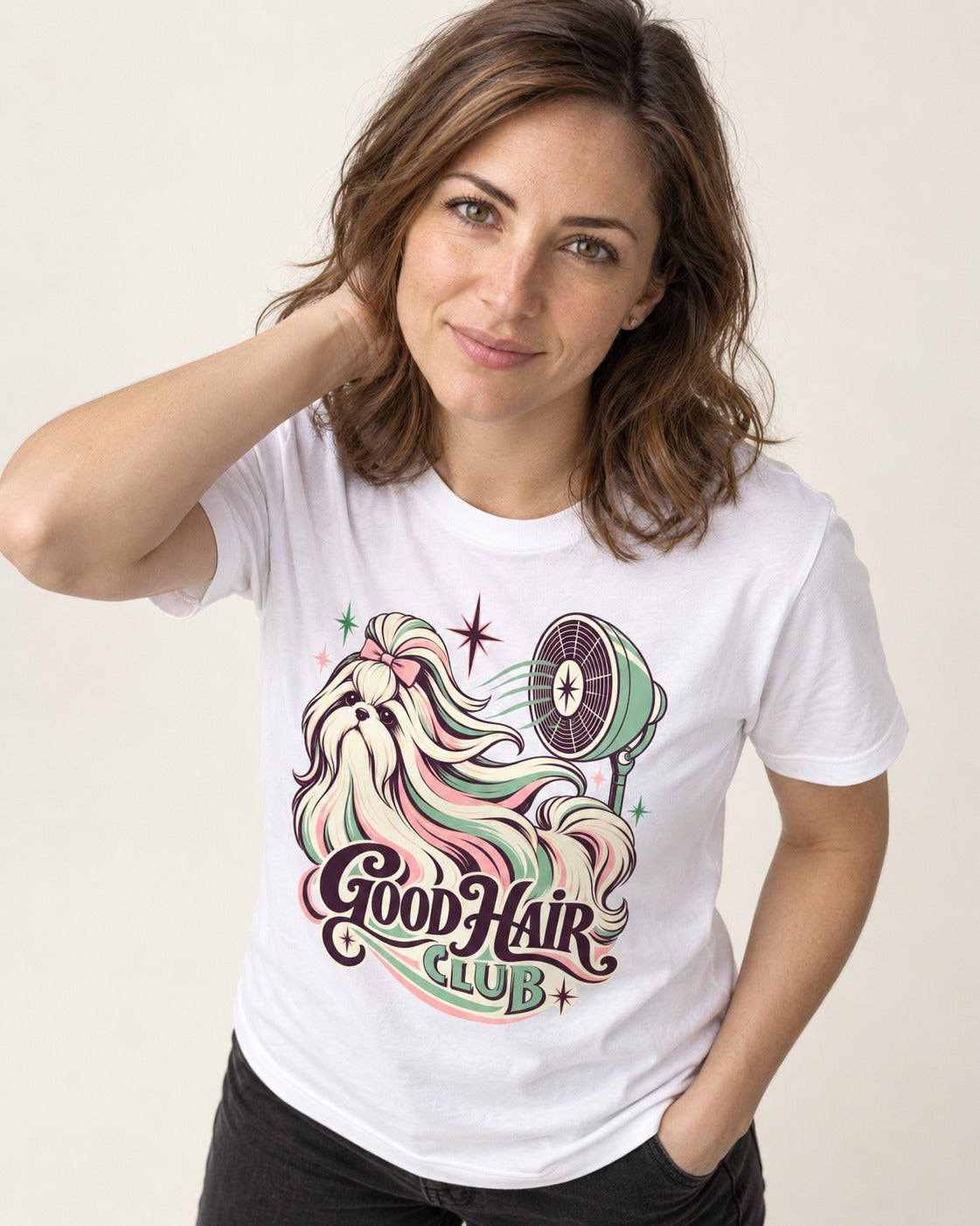 Shih Tzu Good Hair Club Salon Fan Graphic T-Shirt in White, worn by a model