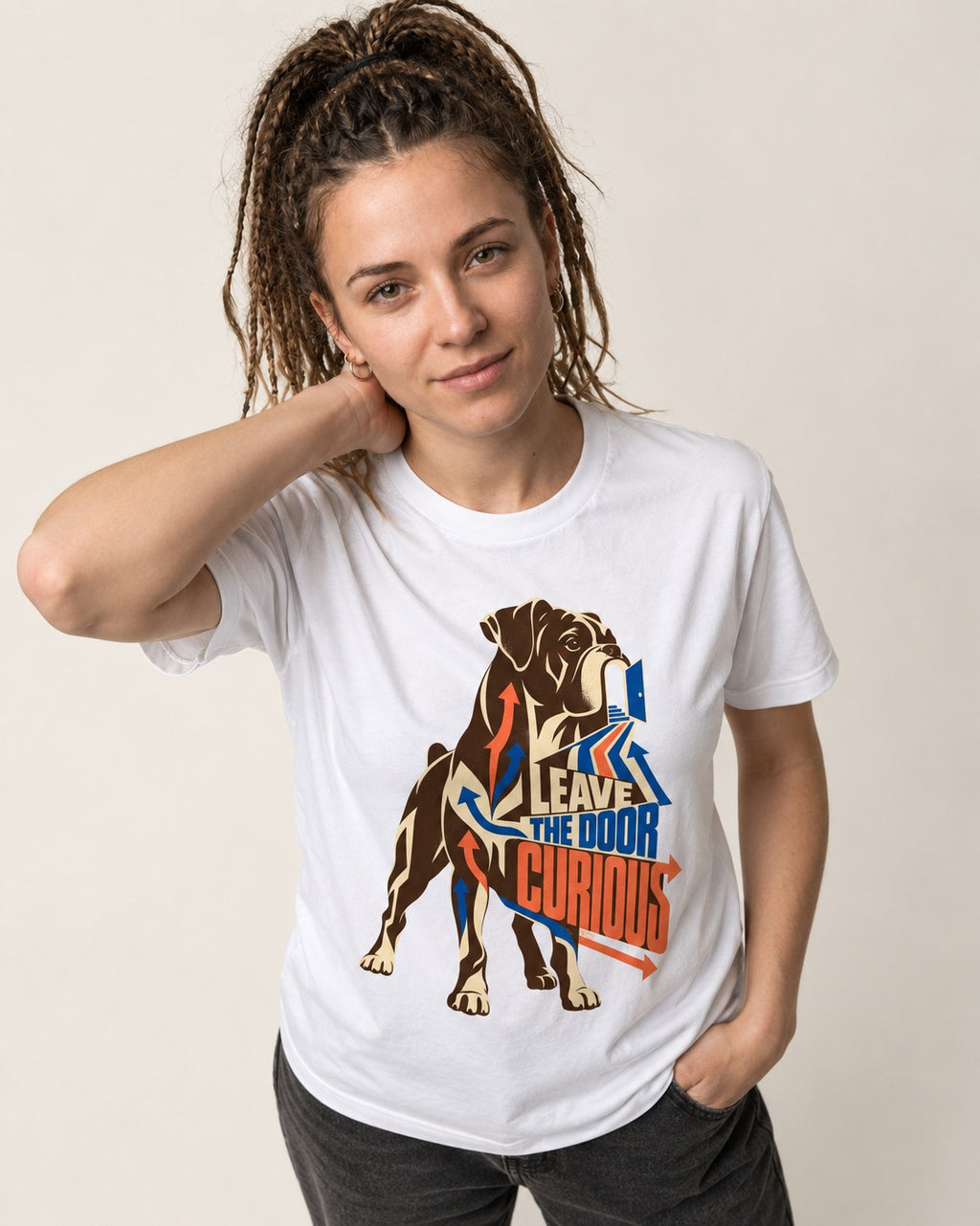 Leave the Door Curious Boxer Doorway Arrow Graphic T-Shirt in White, worn by a model
